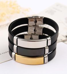 Stainless Steel Blank ID Tags Silicone Bangle For Engrave Silver ColorGoldenBlack Metal Plate Bracelet Whole 10pcs C10055559980