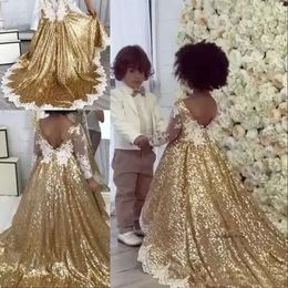 Lovely Gold Sequined Pageant Dresses Lace Appliques Long Sleeve Flower Girls Dress Kids Formal Wear 0509