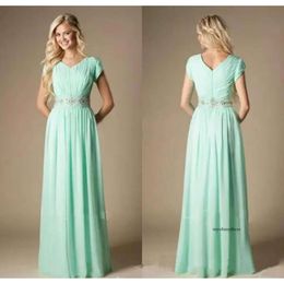 2021 Beach long Dresses mint green A Line Jewel Cap Sleeve Floor Length junior Bridesmaid Gowns With Chiffon Beaded Sash 0509