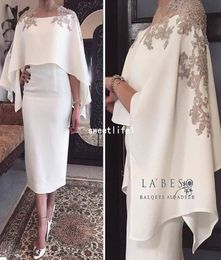 2019 New White Satin Cocktail Dresses With Wrap Appliques Tea Length Sheath Dubai Style Formal Occasion Party Gown Custom Made4547437