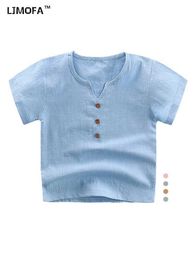 T-shirts LJMOFA Retro Linen Cotton Boys T-shirt Suitable for Children Girls Summer Casual Clothing Childrens Candy Solid Colour Soft Top D127L2405