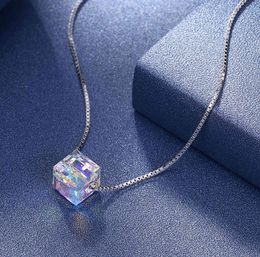 LEKANI Blue Cube Crystals From rovski 925 Sterling Silver Square Shape Pendant Wedding Jewellery Necklace3839656