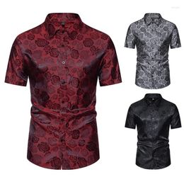 Men's T Shirts Fashionable Short Sleeved Button Up Shirt Rose Print Top Casual T-shirt Slim Fit Formal