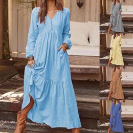 Casual Dresses Elegant Women Cotton Linen Long Dress Oversized Retro V Neck Midi With Pockets Female Solid Ruched Maxi