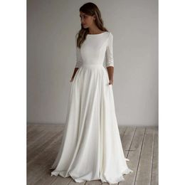 2021 A-Line Crepe Modest Wedding Dress Ocleves Pockest Sweep Train Simple Simple Boho Bridal Dons Sleeved Custom Made 0509