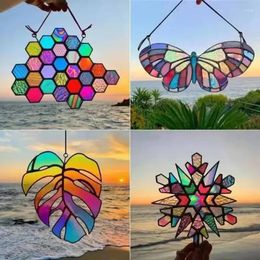 Garden Decorations 2024 Stained Glass Window Hanging Honeycomb Multicolor Butterfly Bee Panels Stain Hummingbird