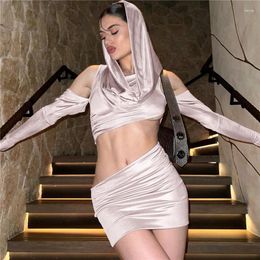 Work Dresses SKMY Summer Hooded Suit 2024 Fashion Breathable Revealing Belly Button Sexy T-shirt Slim High-end Miniskirt Two-piece Set Solid