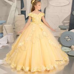 New Yellow Off Shoulder Flower Girl Dress Pleat Birthday Wedding Party Dresses Costumes First Communion Quality High Drop 0509