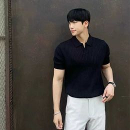 Men's T-Shirts Mens Short Seven Piece T-shirt Knitted Polo V-neck Solid Color Korean Luxury Ultra Thin Earth Vintage Top H240508