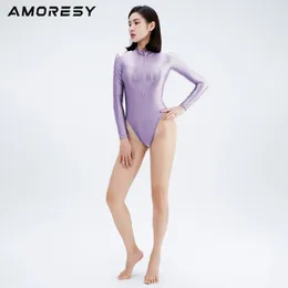 Women's Swimwear AMORESY Glossy Swimsuit One-piece Silk Oil Shiny Long Sleeve Front Chest Zipper High Fork Tights