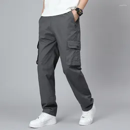 Men's Pants Solid Colour Zipper Pockets Button Elastic And High Waisted Casual Clothing England Style Straight Cargo Trousers