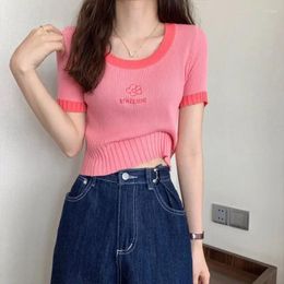 Women's T Shirts Woman TShirts Pink Short Sleeve Spring Knitted High Waist Top Crop Mujer Camisetas