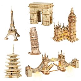 Robotime 3D Wooden Puzzle Game Big Ben Tower Bridge Pagoda Building Model Toys For Children Kids Birthday Gift 240509