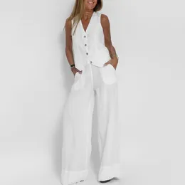 Women's Two Piece Pants Women Suit Set Stylish Cotton Linen With Sleeveless Vest Wide Leg For Office Or Casual Wear In