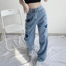 Women's Jeans Korean Contrast Colour Love Stitching Denim Trousers High Waist Straight Loose Wide Leg Pants Japanese Harajuku Women