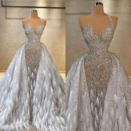 Luxury Mermaid Wedding Dresses Crystals Beads Sequins Designer Feathers Detachable Train Backless Custom Made Plus Size Bridal Gown Vestidos De Novia