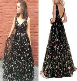 Sexy Black 3D Floral Flowers Prom Dress 2022 New Deep V neck Open Back African Lace Cheap Evening Formal Pageant Dress For Women1806412