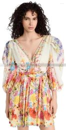 Casual Dresses Women V Neck Heavy Beaded Puff Sleeve Floral Print Elastic Waist Mini Silk Linen Dress