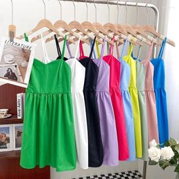 Casual Dresses Spaghetti Strap For Women Arrival Slash Neck Folds Soild Colour Skinny Dress Summer Versatile Female Vestidos Dropship