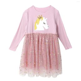 Girl Dresses Gilttering Star Kids Dress For Girls Cute Horse Pattern Princess Long Sleeve Toddler Spring Children Clothing