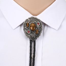 Tiger eye stone leaf bolo tie for man cowboy western cowgirl leather rope zinc alloy necktie 2840