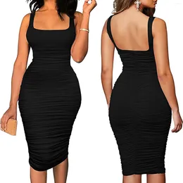 Casual Dresses Women Square Neck Elegant Dress Sexy Sleeveless Ruched Skinny Stylish Bodycon Birthday Party Vestidos Backless Midi Black