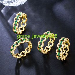Exquisite Design 18k Gold Plated Cuban Link Round Cubic Zirconia Emerald Green Stone Wedding Ring for Women CZ Jewellery Gift