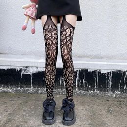 Women Socks Tie Sexy Halter Thigh High Stockings Hollowed-Out Personality Pattern Pantyhose Thin Non-Slip Long Fishnet Tights
