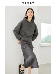 Work Dresses Vimly Winter Fleece Thick Tracksuit Women Two Piece Set Cropped Hoodies Split Midi Skirt 2024 Casual Loose Matching Sets M3970