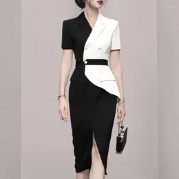 Work Dresses Runway Designer High Quality Fashion 2 Piece Set Women Summer Office Clothes Black White Patchwork Tops Split Body Skirt Suits