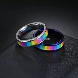Stainless Steel Rainbow Flag Ring Lesbian Rainbow Ring Band for Women Girl Fashion Jewelry
