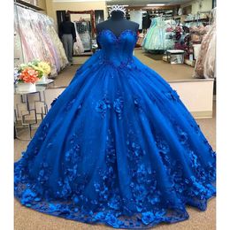 Royal Blue 3D Floral Flowers Ball Gown Quinceanera Prom Dresses Pearls Sweetheart Princess Evening Formella klänningar Sweet 16 Vestidos de 0509