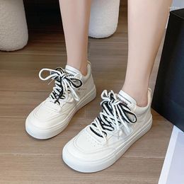 Casual Shoes BKQU Soft-faced PU Women's 2024 Autumn Round Head Two-color Lace-up Thick Bottom All-match Fashion Sports Sneakers