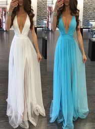 Dresses Summer Sexy Women Solid Vneck Tulle Tutu Long Maxi Jurk Mouwloos Backless Night Party Beach Sun clock White Blue1611948