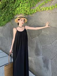 Casual Dresses Women Causual White O Neck Backless Sleeveless Slip Long Dress Black Loose Holiday Party Pleated Sundress 2024 Summer