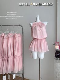 Casual Dresses French Elegance Pink Appliques Halter Dress Women Turtleneck Off Shoulder Slim Pleated One-Piece Frocks Summer 2000s Design
