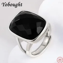 Cluster Rings S925 Sterling Silver For Women Men Fashion Inlaid Square Black Agate Simple Cool Style Punk Jewelry