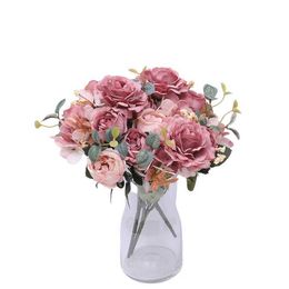 Decorative Flowers Wreaths Tenvity Retro Silk Artificial Flowers Bouquet Peony Hydrangea Vintage Bride Holding Fake Plants Home Wedding Decor Accessories