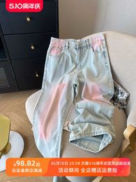 Light colored graffiti jeans womens summer slim and niche design high waisted loose wide leg mop pants