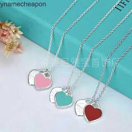 Tiffancy High End Jewellery necklaces for womens Enamel Peach Necklace Printed Blue Pink Double Heart Pendant Collar Chain Original 1:1 With Real Logo and box