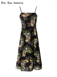 Casual Dresses Chu Sau Beauty 2024 Women Fashion Sweet Floral Print Chic Strap Midi Dress Cute Square Collar Sexy Slim Backless French