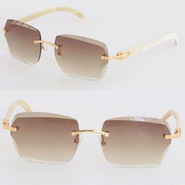 New Designer Model Diamond Cut Rimless Sunglasses Woman 3524012 Luxury White Genuine Natural Horn Sunglass Womens Large Square Glasses 286y