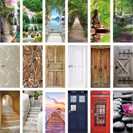 Stickers Hot Selling Retro Door Stickers Custom Wood Grain Wallpaper Selfadhesive PVC Symmetrical Design Door Stickers Free Shipping