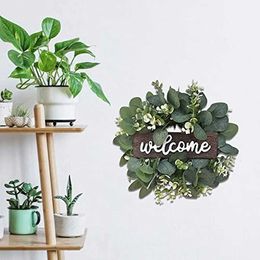 Decorative Flowers Wreaths Green Eucalyptus Wreath with Welcome Sign Artificial Eucalyptus Wreath Spring Summer Wreath with White Berries for Front Door