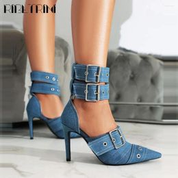 Dress Shoes Sexy Pointed Toe Women Pumps Buckle Stiletto High Heels Ankle Strap Demin Fashion Design Party Wedding Metallic