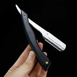 Razors Blades Barber Damascus Pattern Folding Razor Ebony Handle Manual Straight Edge Stainless Steel Beard Holder G0104 Q240508