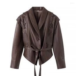 Women's Leather Fashion Brown Jacket PU Blazers Autumn Winter Lace-up Slim Coat Streetwear Lady Belt Irregular Short Outerwear