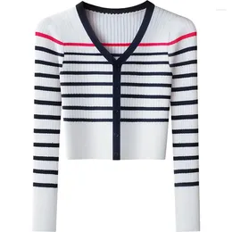 Women's Knits Autumn Striped Knitted Cardigan Sweater Slim Long Sleeve Crop Cardigans Tops V-Neck Casual Sweaters Jumpers Knitwear