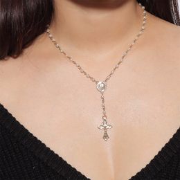 Sparkly Cross Pendant Choker Necklace Long Imitation Pearl Beaded Chain Rosary Madonna Coin Necklaces Pendants Religious Jewellery 209q