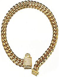 Top quality 14mm 1024inch Gold Tone Curb Cuban Pet Link Stainless Steel CZ Clasp Dog Chain Collar Whole Pet Necklaces9434671